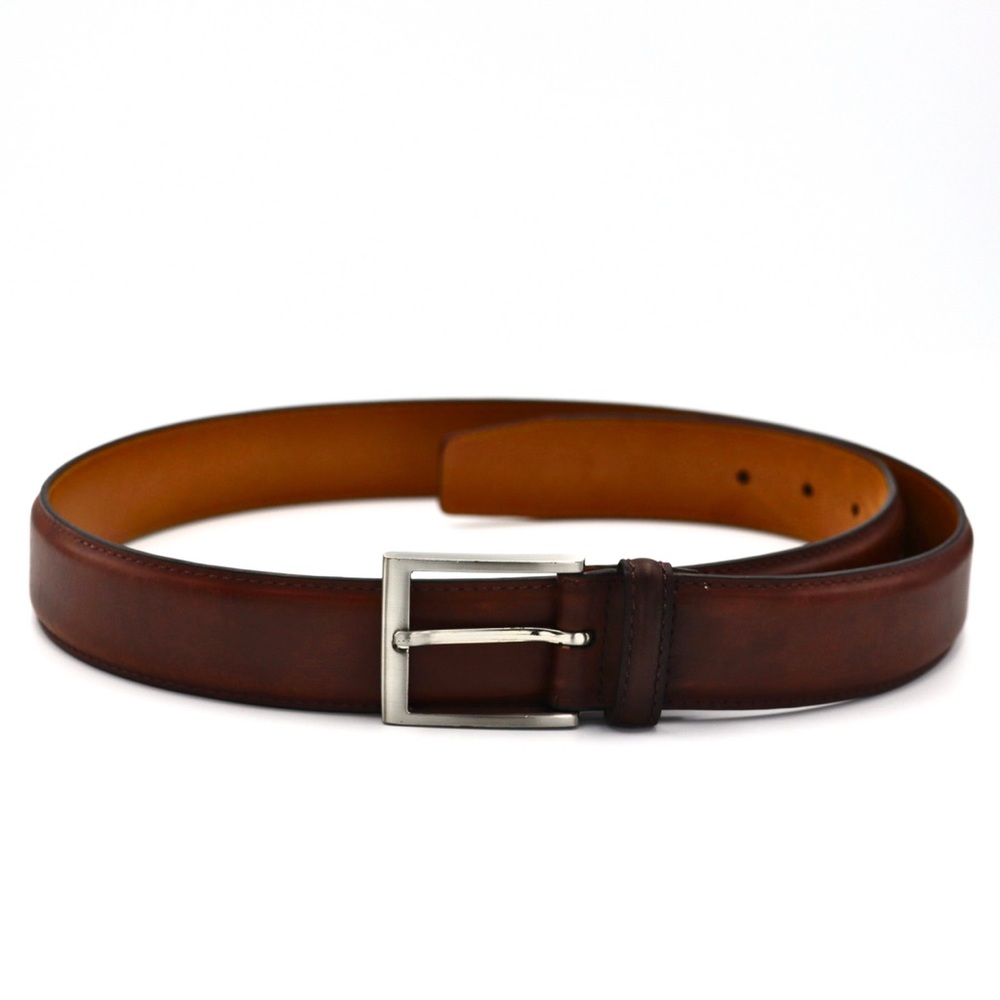 Magnanni‎ Brown Leather Belt Mens 38 Silver Buckle Dress Spain Made